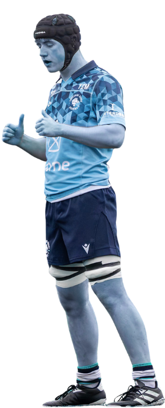 A rugby player in a blue jersey and black headgear giving a thumbs-up gesture.