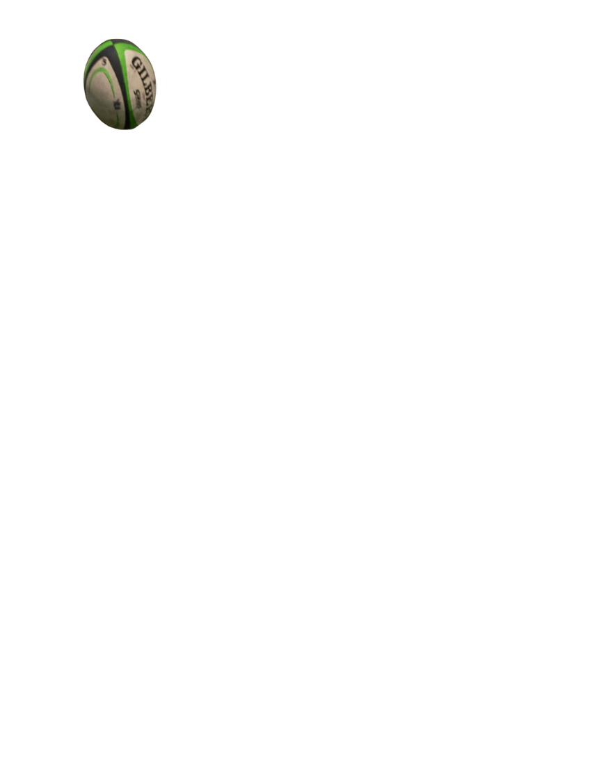 A rugby ball with green, black, and white patterns against a black background.