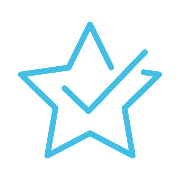 Blue outline of a star with a check mark inside it.