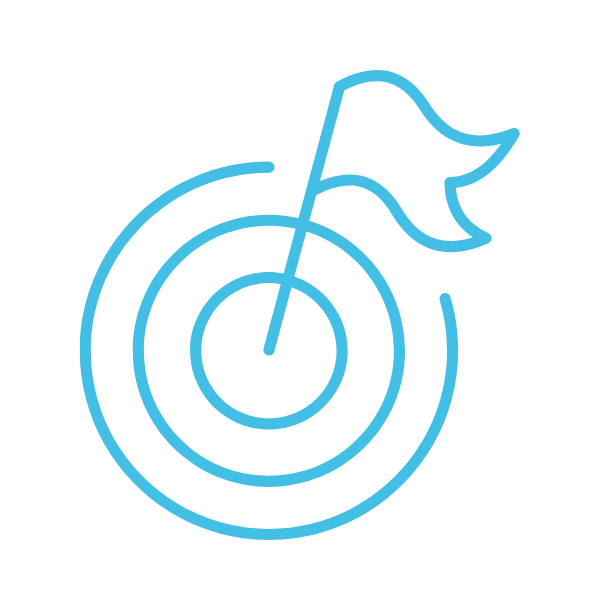 A blue line drawing of a target with three concentric circles and a dart hitting the bullseye, with a flag attached to the dart.