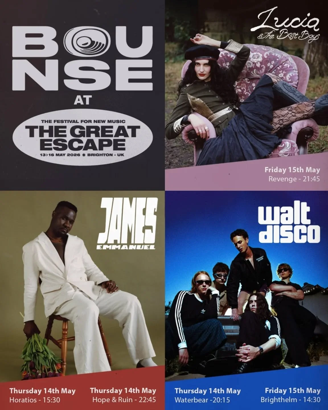 We're heading to the @greatescapefest next week with @luciabestboys @jamesemmanuelofficial and @waltdisco ! ⛱️

Hope to see some of you at these shows!

Thursday:

James Emmanuel - 3.30pm at Horatios and 10.45pm at Hope &amp; Ruin

Walt Disco - 8.15p