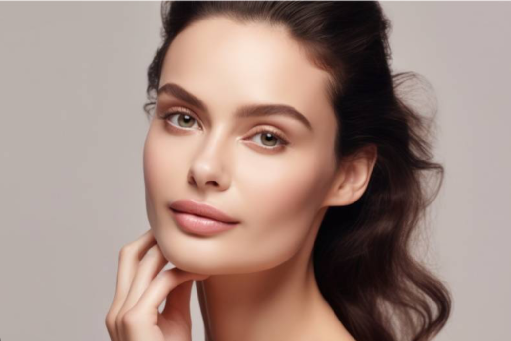 A woman with long, wavy brown hair and light makeup, resting her chin on her hand against a plain gray background.
