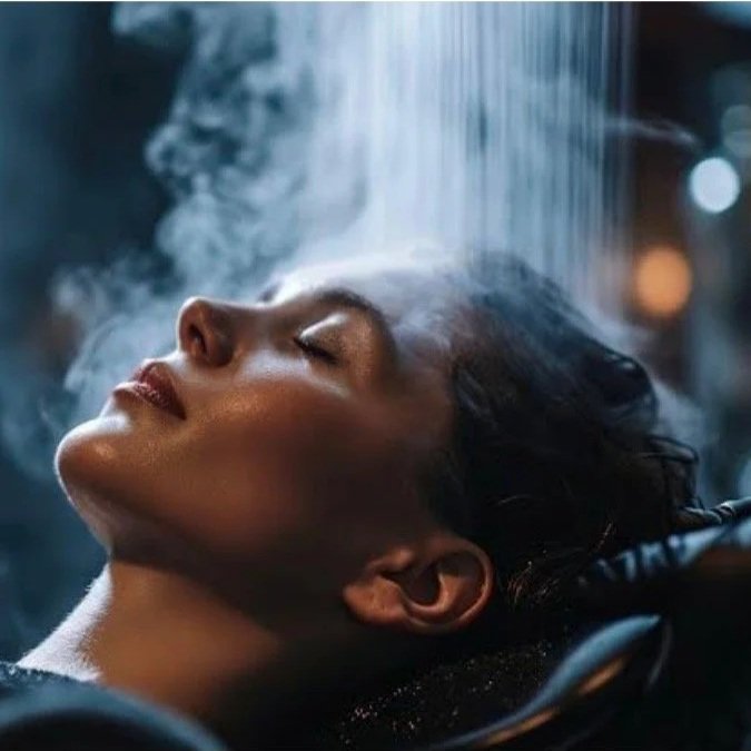 A woman with her eyes closed, leaning back with steam rising near her face, likely in a facial or steam room.