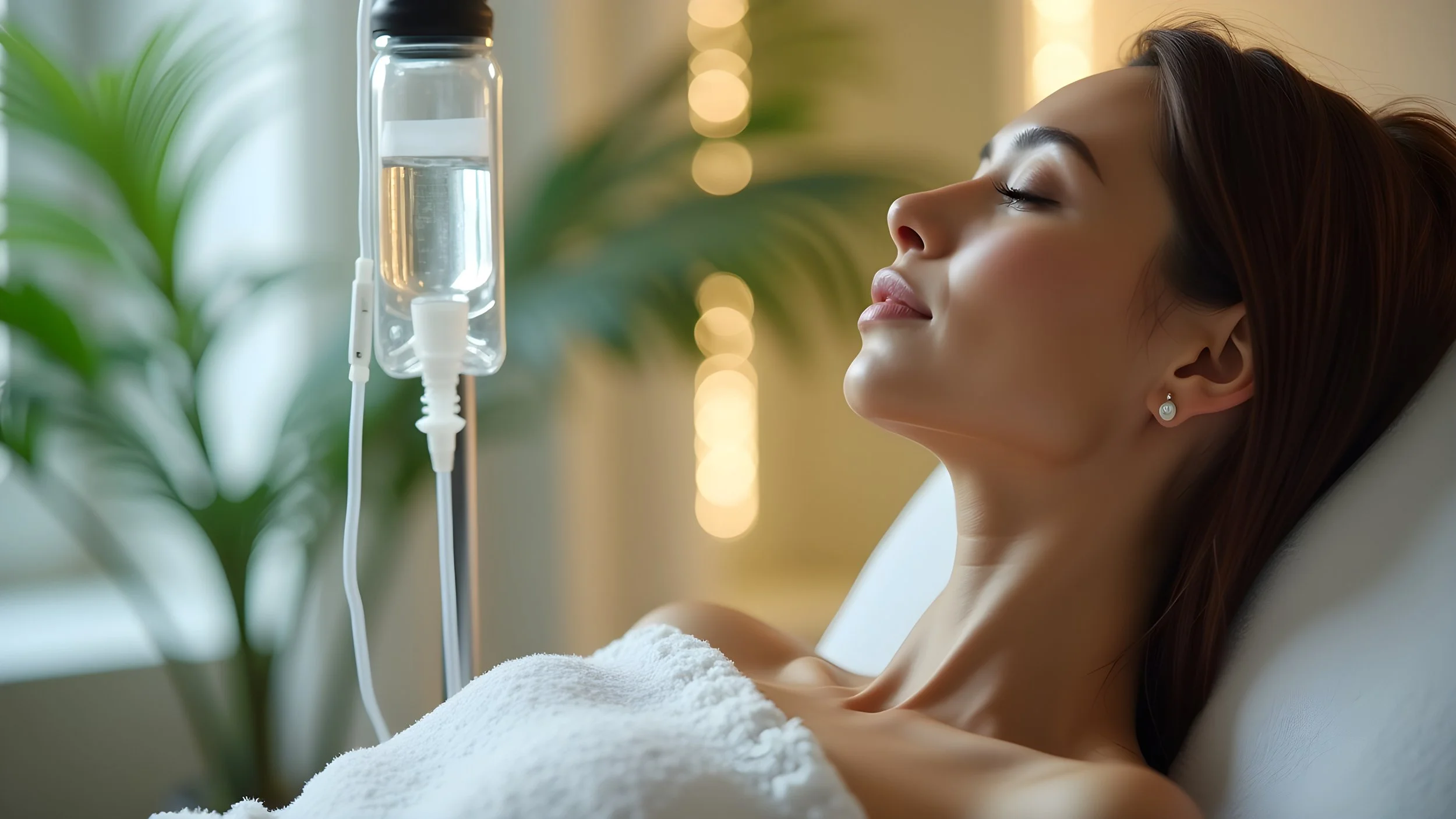 A woman in a hospital bed with an IV drip, relaxing with eyes closed.