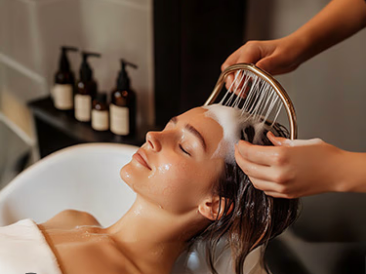 A woman is getting her hair washed at a salon, with a person rinsing her hair. There are soap suds on her hair and face, and bottles of hair products on a shelf in the background.