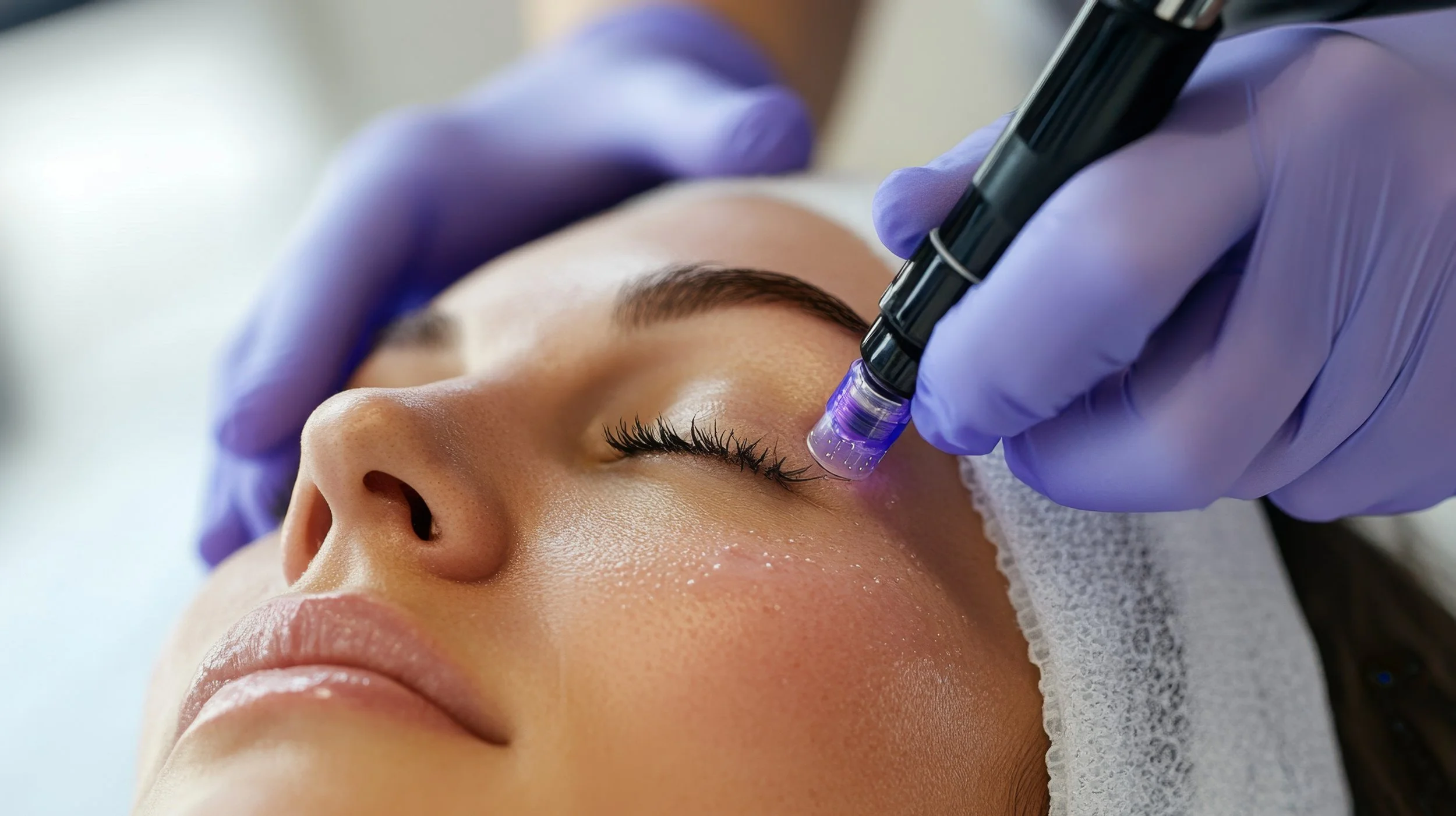 A woman receiving a cosmetic treatment on her eyelid with a syringe, while lying down with a headband, administered by someone wearing purple gloves.