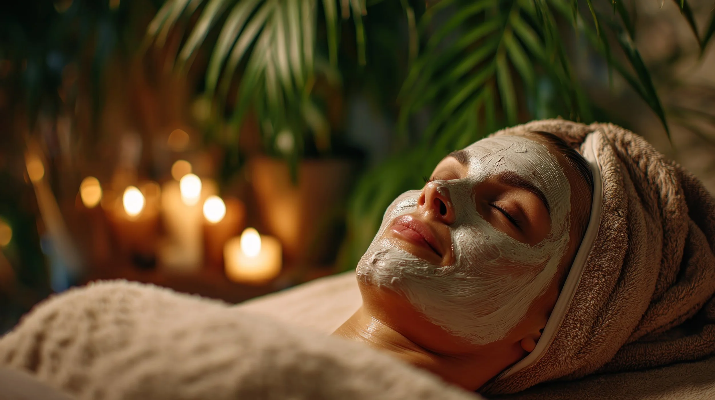 A woman lying down with a towel wrapped around her head and a facial mask on her face, relaxing in a spa setting with candles and plants in the background.
