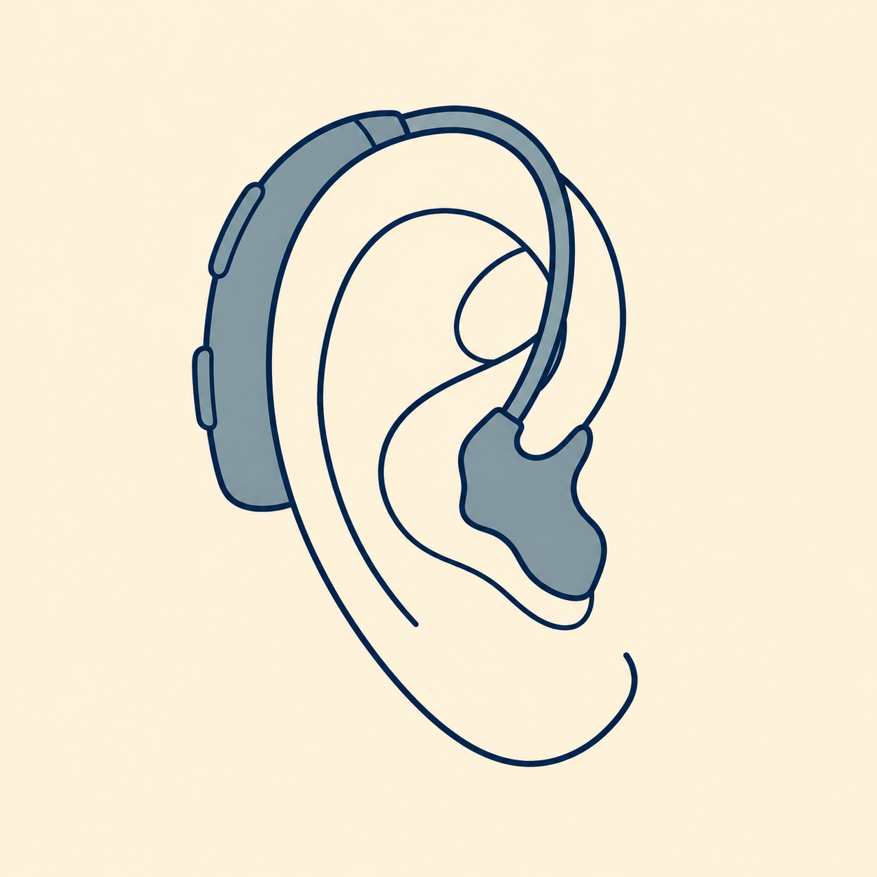 A line drawing of a human ear with a headphone attached.