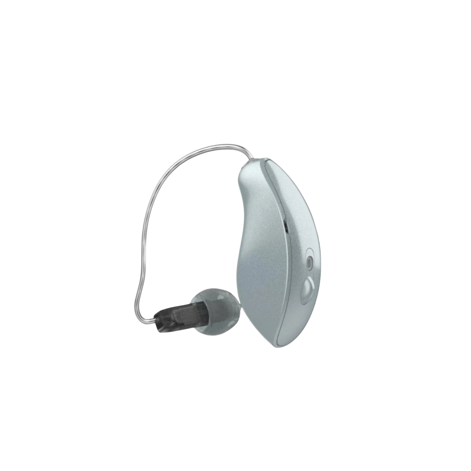 A behind-the-ear hearing aid device with a black earbud and a silver casing.