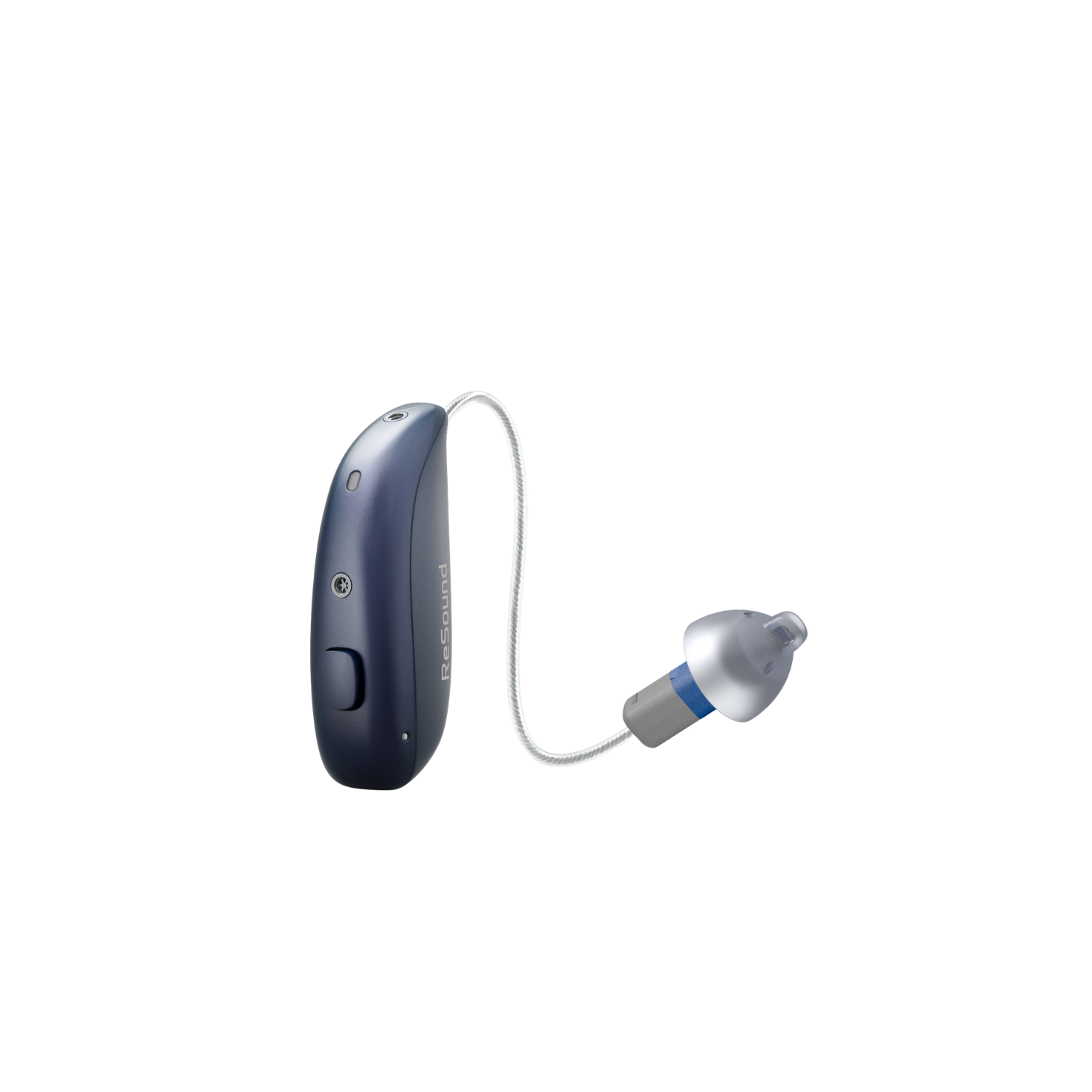 A digital hearing aid device with a blue and gray body, labeled "Resound," connected to a small, gray, and blue earbud.