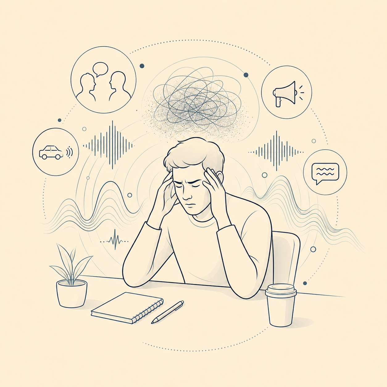 Illustration of a young man with a headache or stress, holding his head, surrounded by icons representing communication, noise, and overwhelming thoughts, with a potted plant, notebook, pen, and coffee cup on the table.