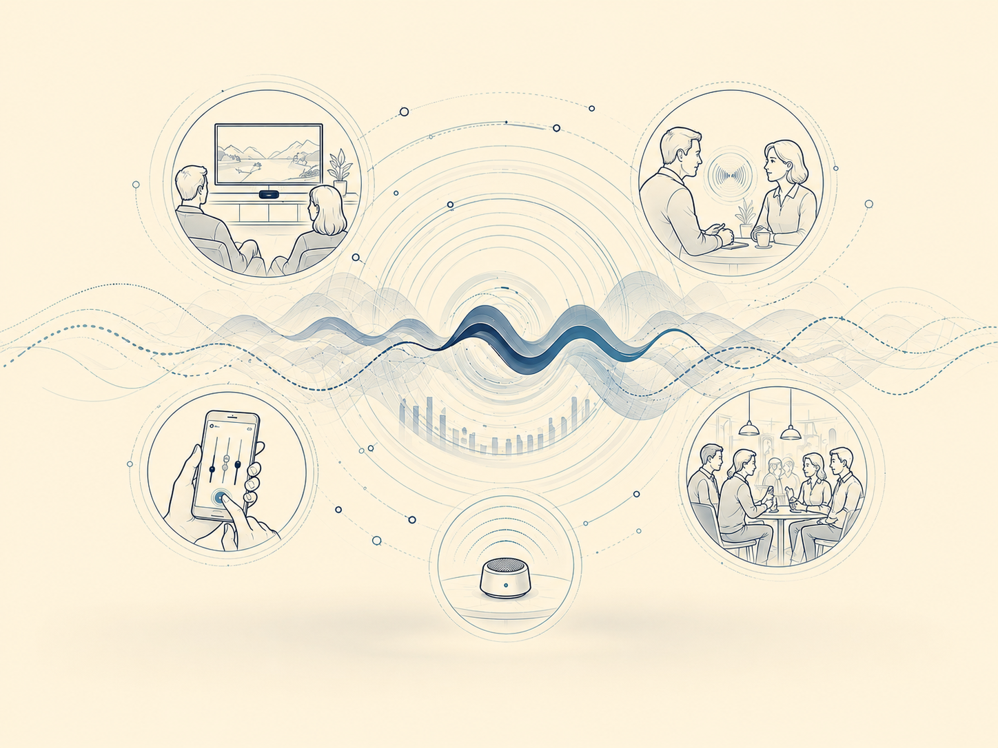 Illustration of people communicating through technology using devices like a smartphone, smart speaker, and video calls, with sound waves and data visualizations.