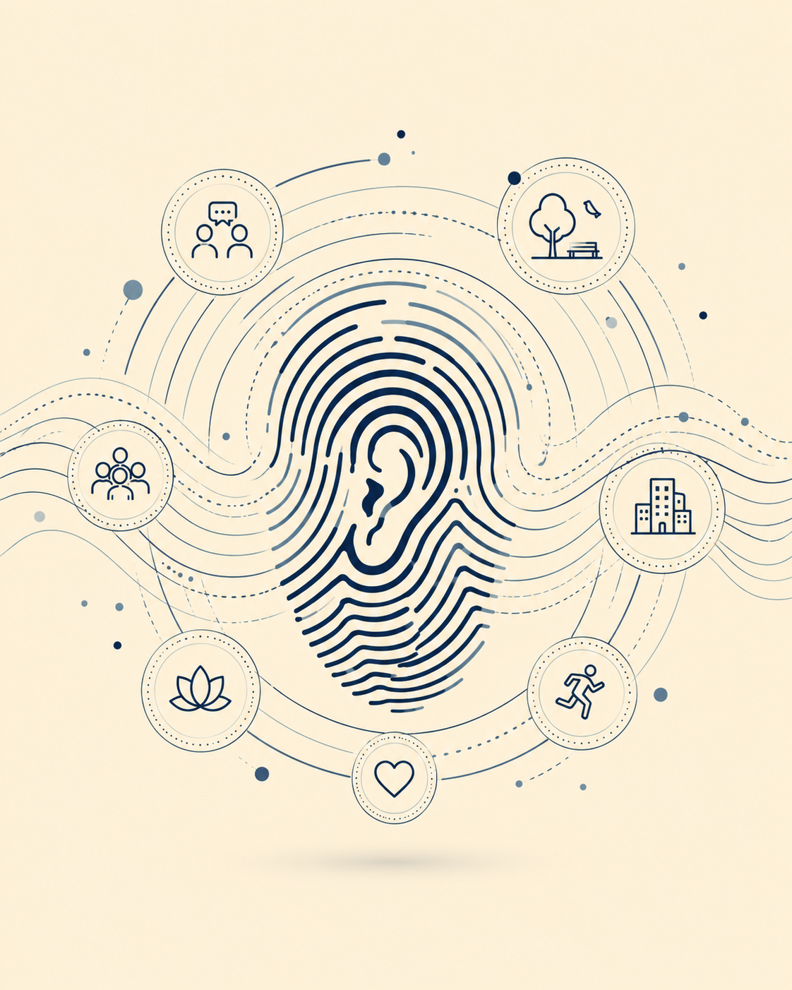 A stylized fingerprint with a human ear in the center, surrounded by icons representing conversation, nature, community, city, exercise, love, and wellness.