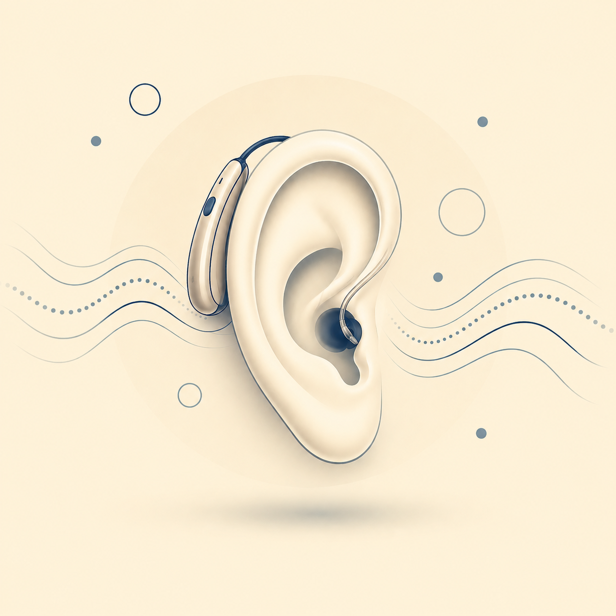 An illustration of a human ear with an in-the-ear hearing aid and a cochlear implant, set against a beige background with abstract wave and circle patterns.