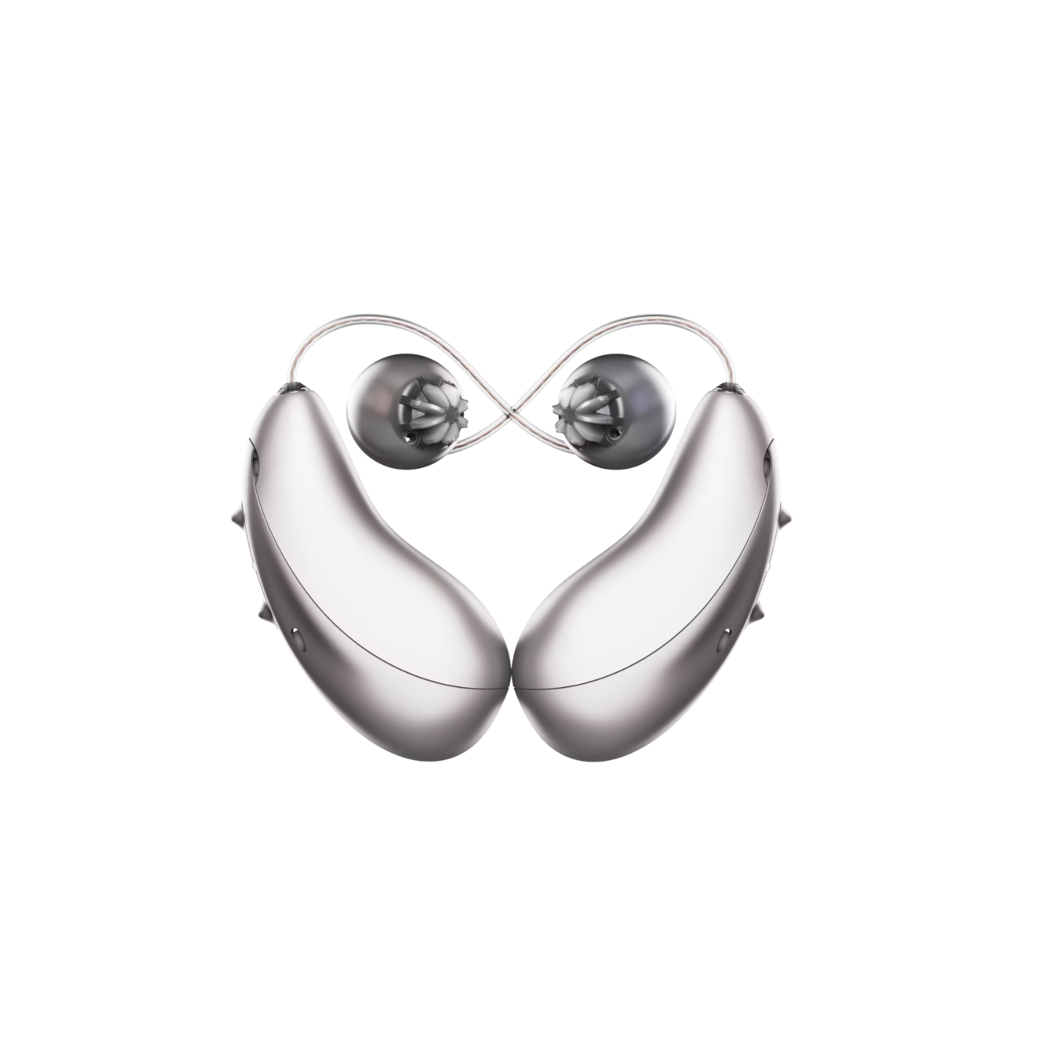 Two modern wireless earbuds with a silver finish, positioned symmetrically on a reflective surface, with a black background.