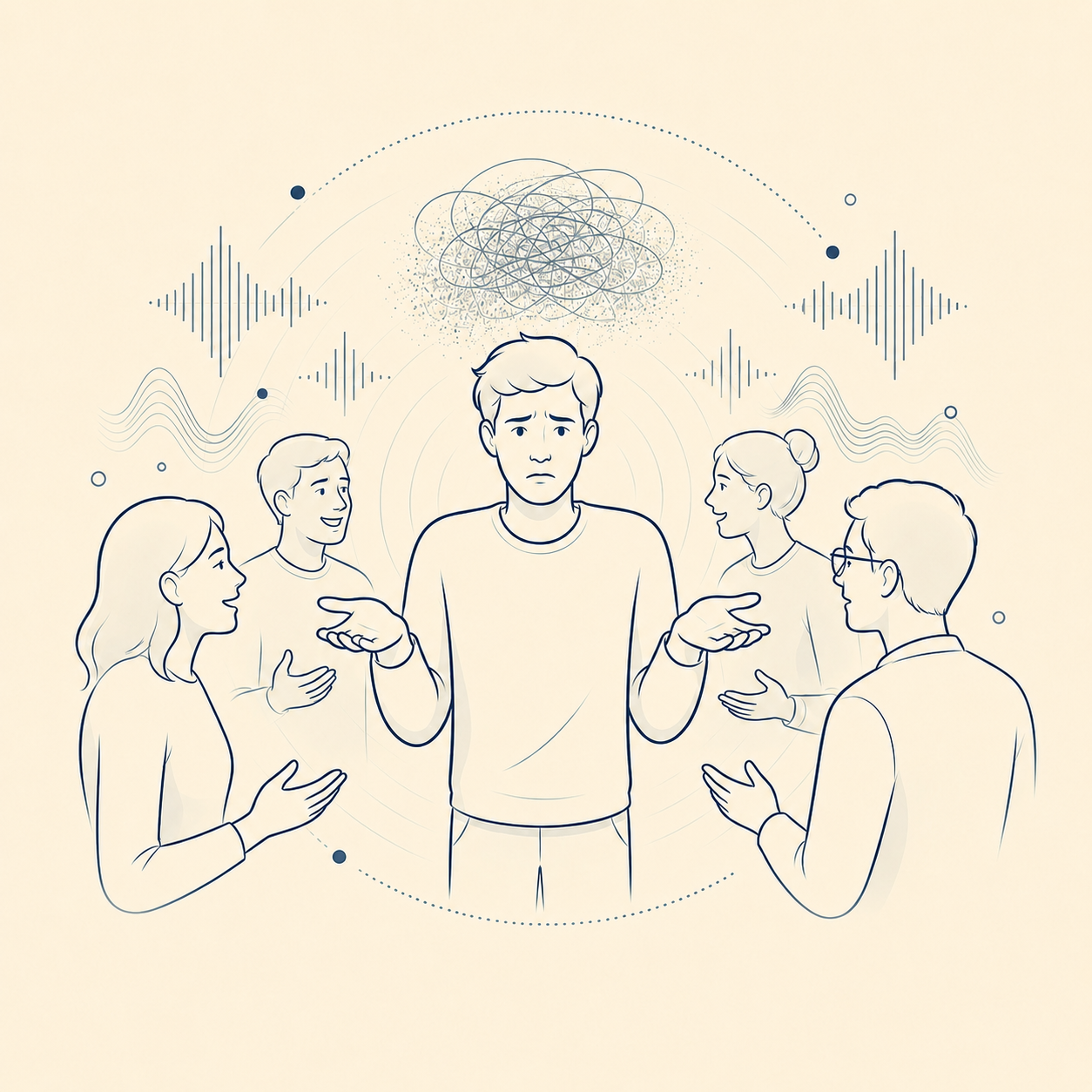 A worried young man is surrounded by four people who are talking to him, with sound waves and abstract lines indicating a conversation or discussion.