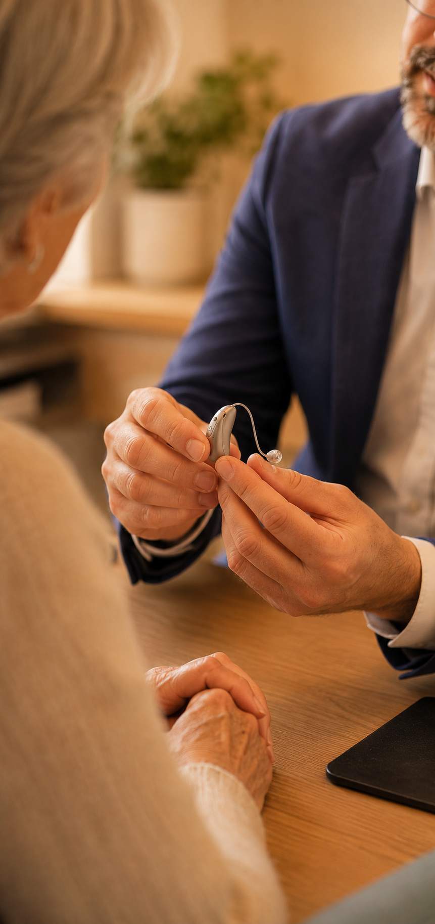 A person is helping an elderly woman by fitting a hearing aid into her ear.