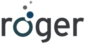 Roger logo with stylized font and blue accent dots