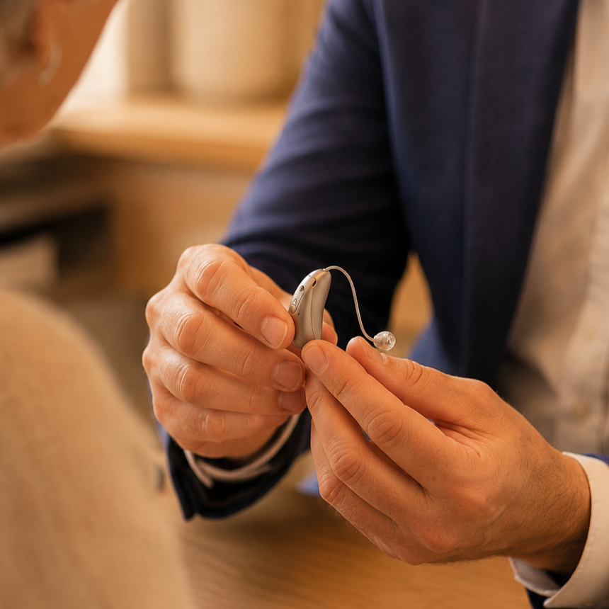 A person helping another insert a hearing aid into their ear in an indoor setting.