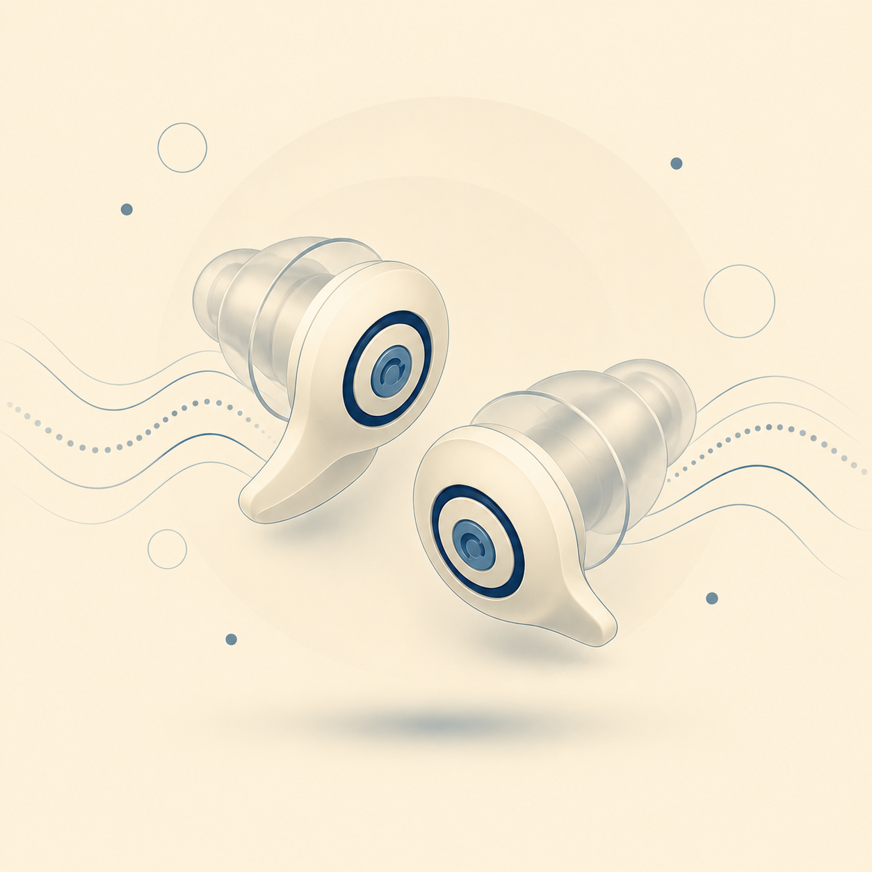 Wireless earbuds with a beige and blue design, floating amidst abstract lines and circles.