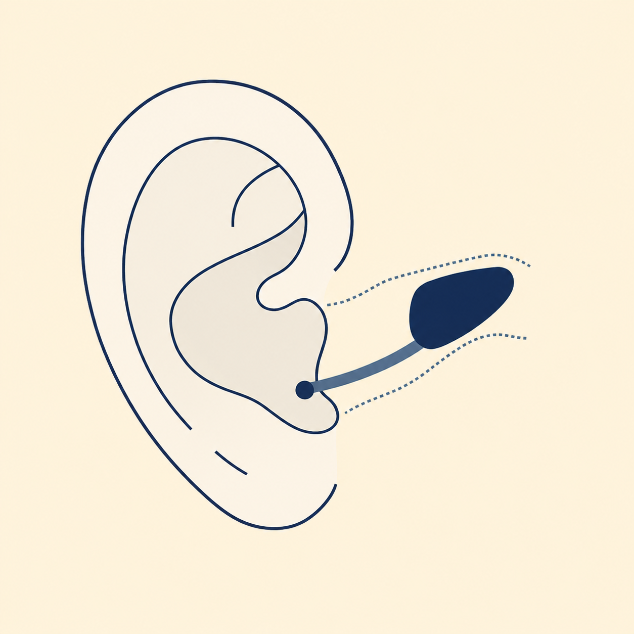 Illustration of a human ear with an arrow pointing to the inner ear, showing the cochlea and auditory canal.