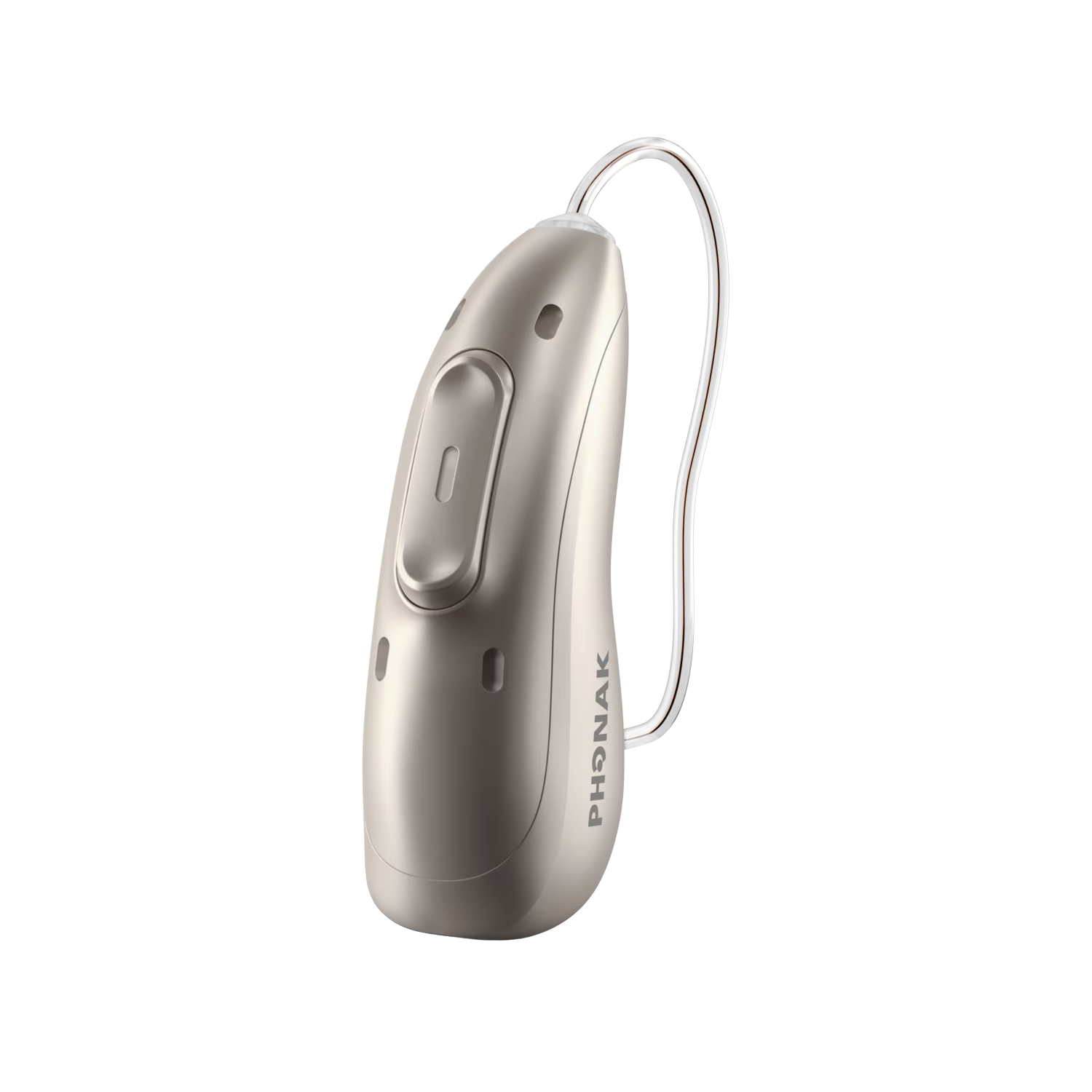 Close-up of a hearing aid device with a white body and a metal component, featuring control buttons and a tube leading to an earpiece, labeled 'PHONAK'.
