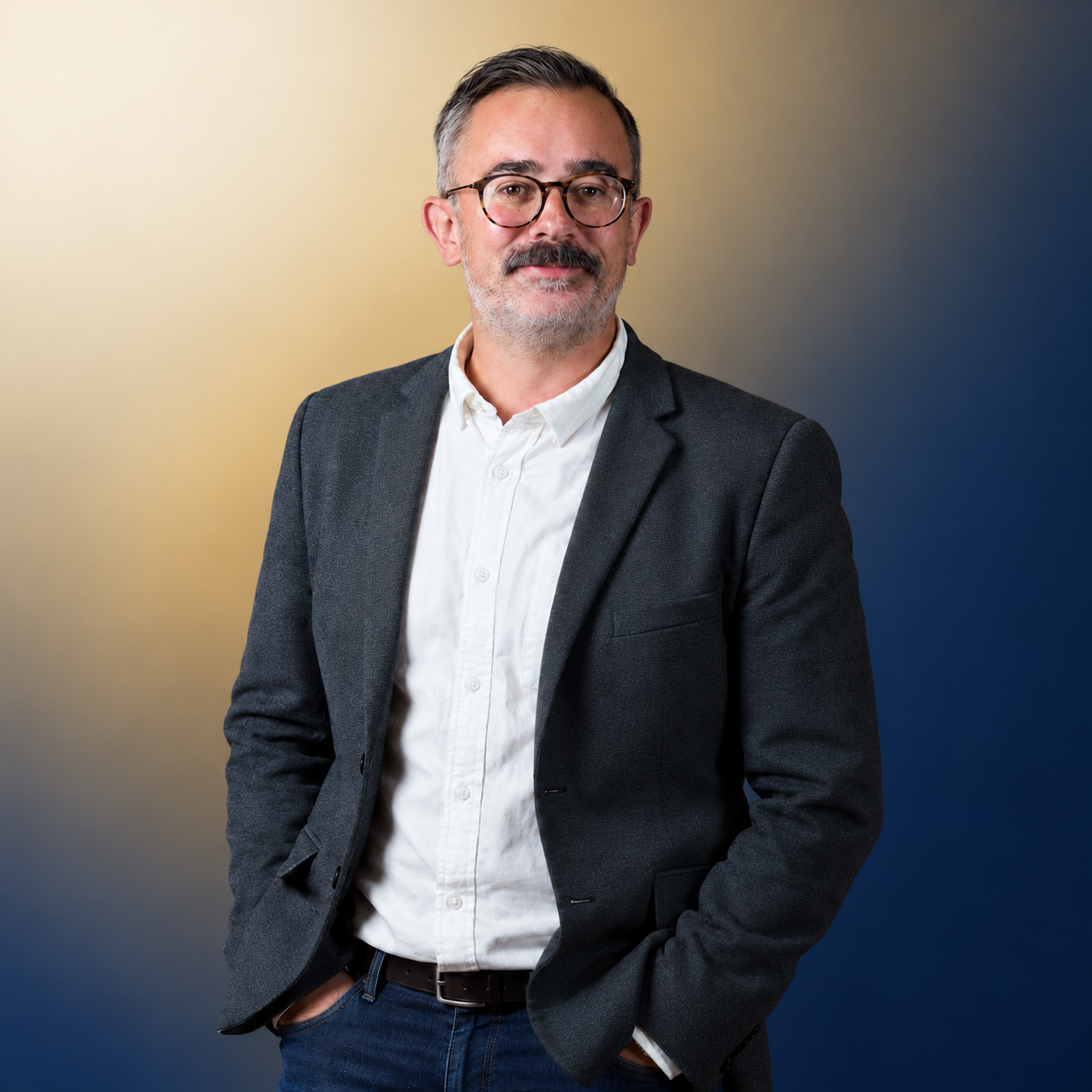 A middle-aged man with gray hair, beard, and glasses wearing a dark blazer and white shirt, standing with one hand in pocket against a dual-colored background of beige and blue.