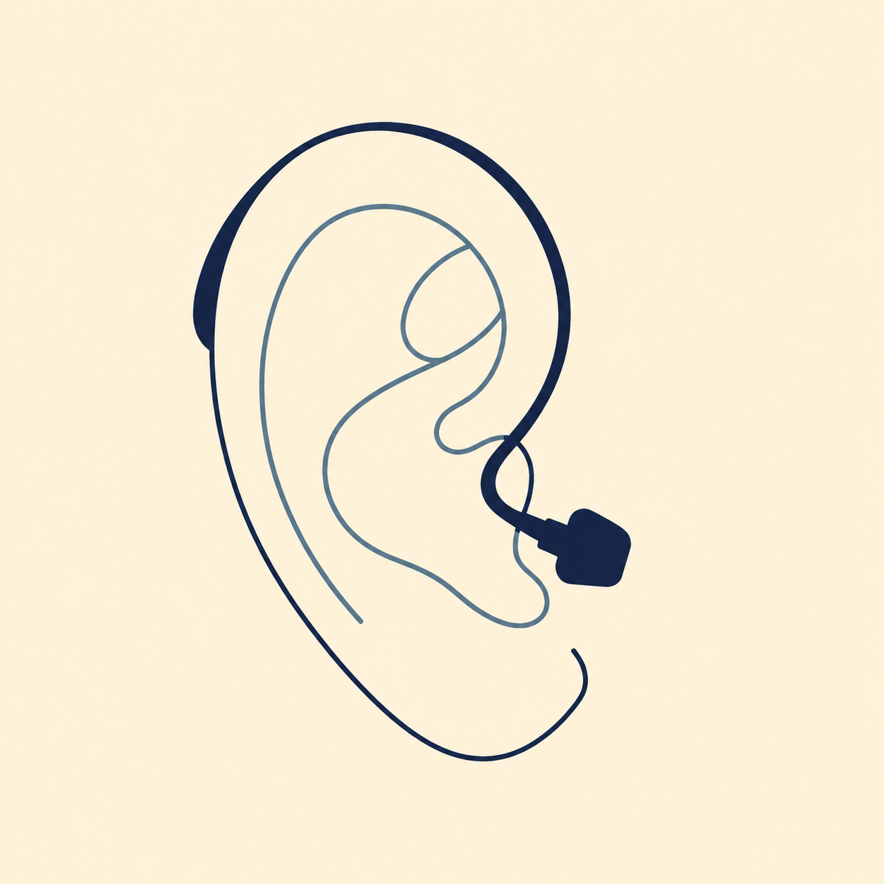 Line drawing of an ear with a headphone and a plug connected to it.