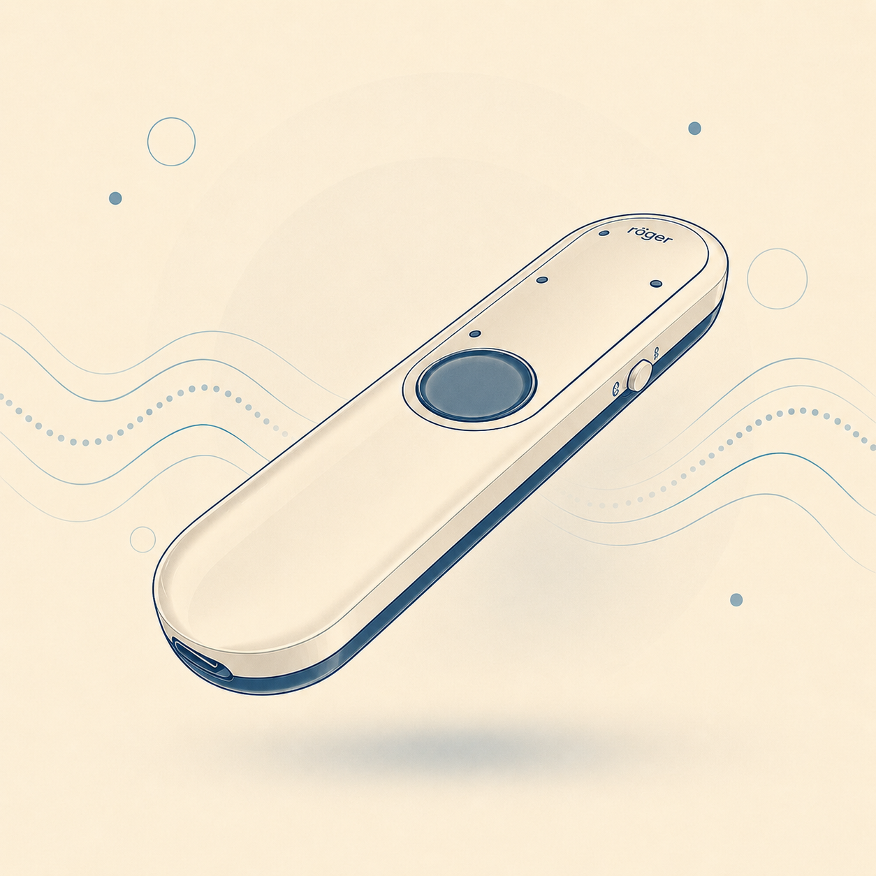 A sleek, modern remote control with a circular touch pad, buttons, and the brand name 'roger' on a light beige background with wave and dot patterns.