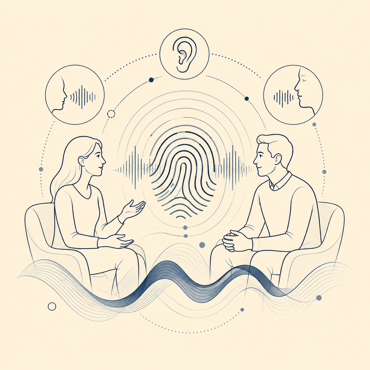 Two people having a conversation, with a large fingerprint and sound wave graphics between them, and icons of ears and profiles with sound waves indicating communication and listening.