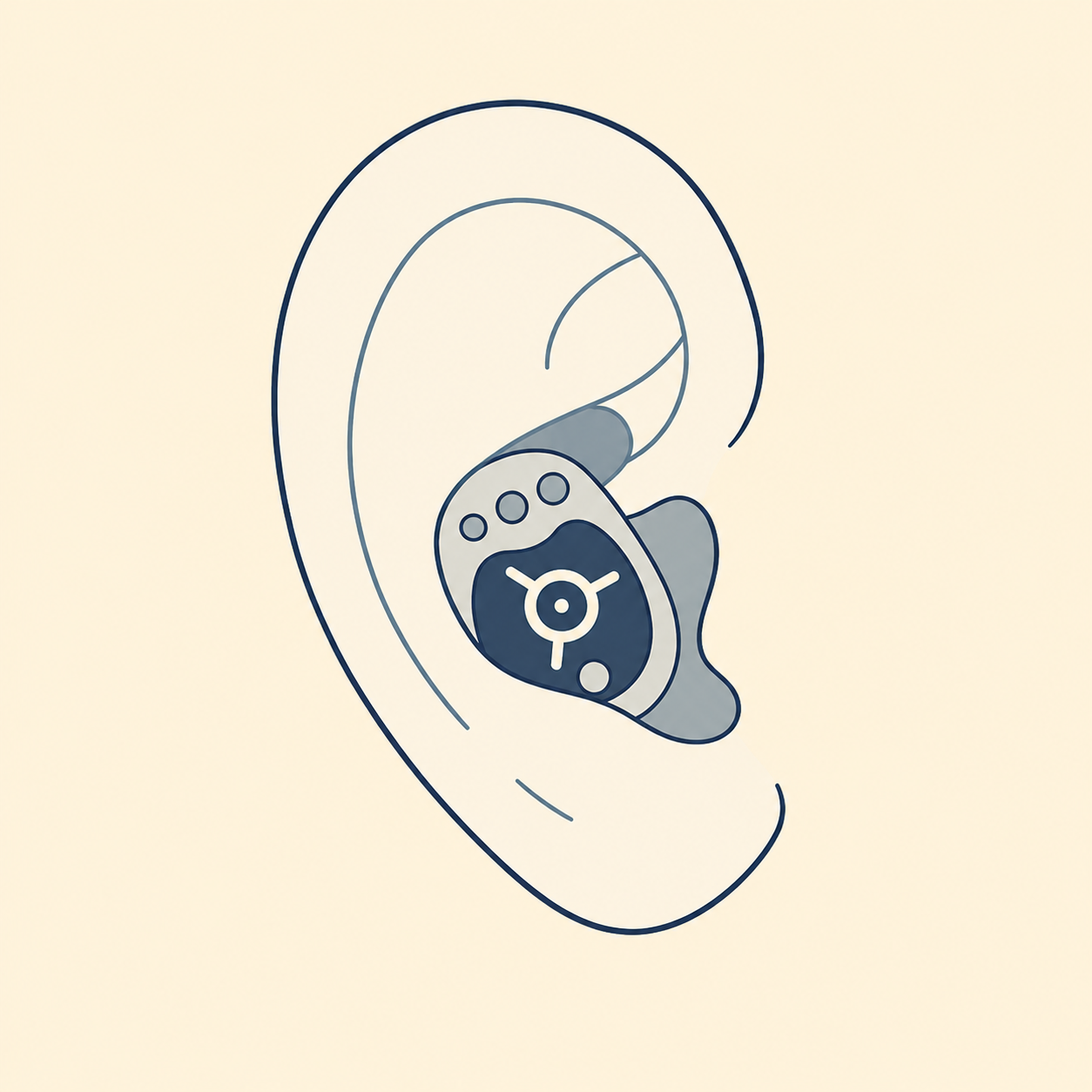 Illustration of a human ear with a hearing aid inside it.