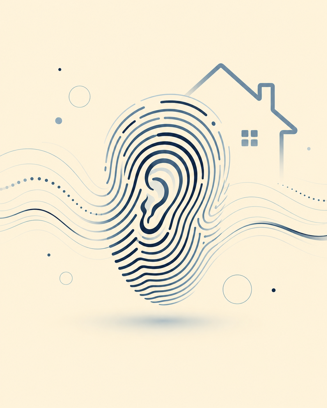 Illustration of a fingerprint with an ear inside, a house outline in the background, and abstract circular and wave patterns on a light beige background.
