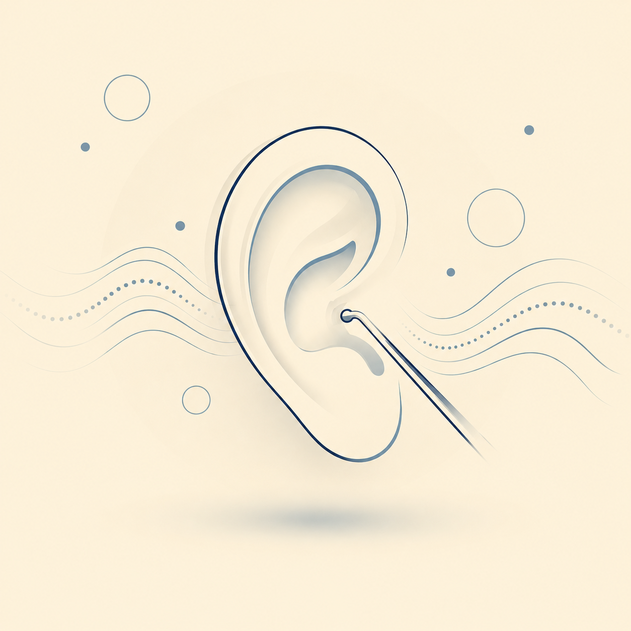 Illustration of a human ear with a cotton swab inserting into the ear canal, surrounded by abstract lines and circles, representing sound waves and hearing.