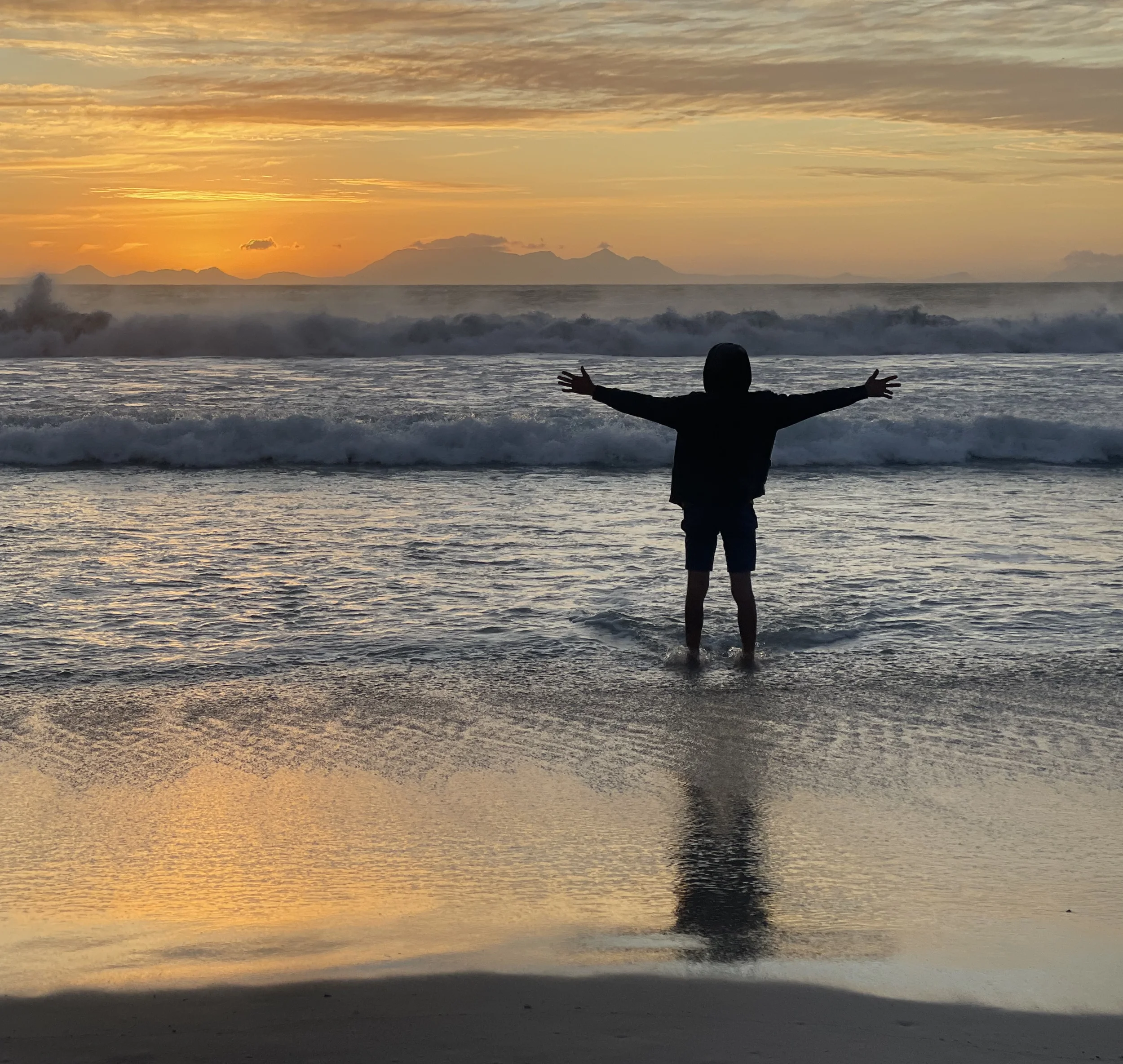 A person feeling happy and aligned, with open arms, standing at the beach welcoming the sunset.