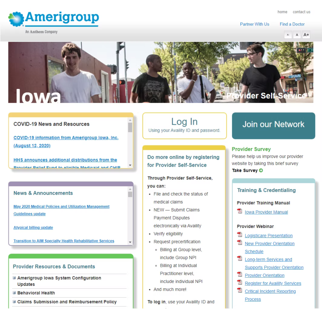 The original Amerigroup Iowa homepage prior to migration