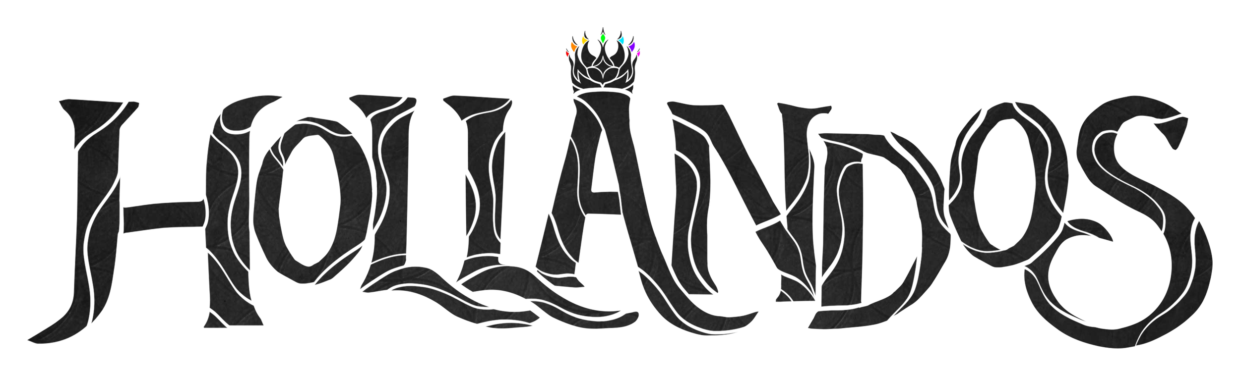 The word 'HOLLANDOS' in black, ornate lettering with a black crown-like shape above the 'I' decorated with colorful festive lights.