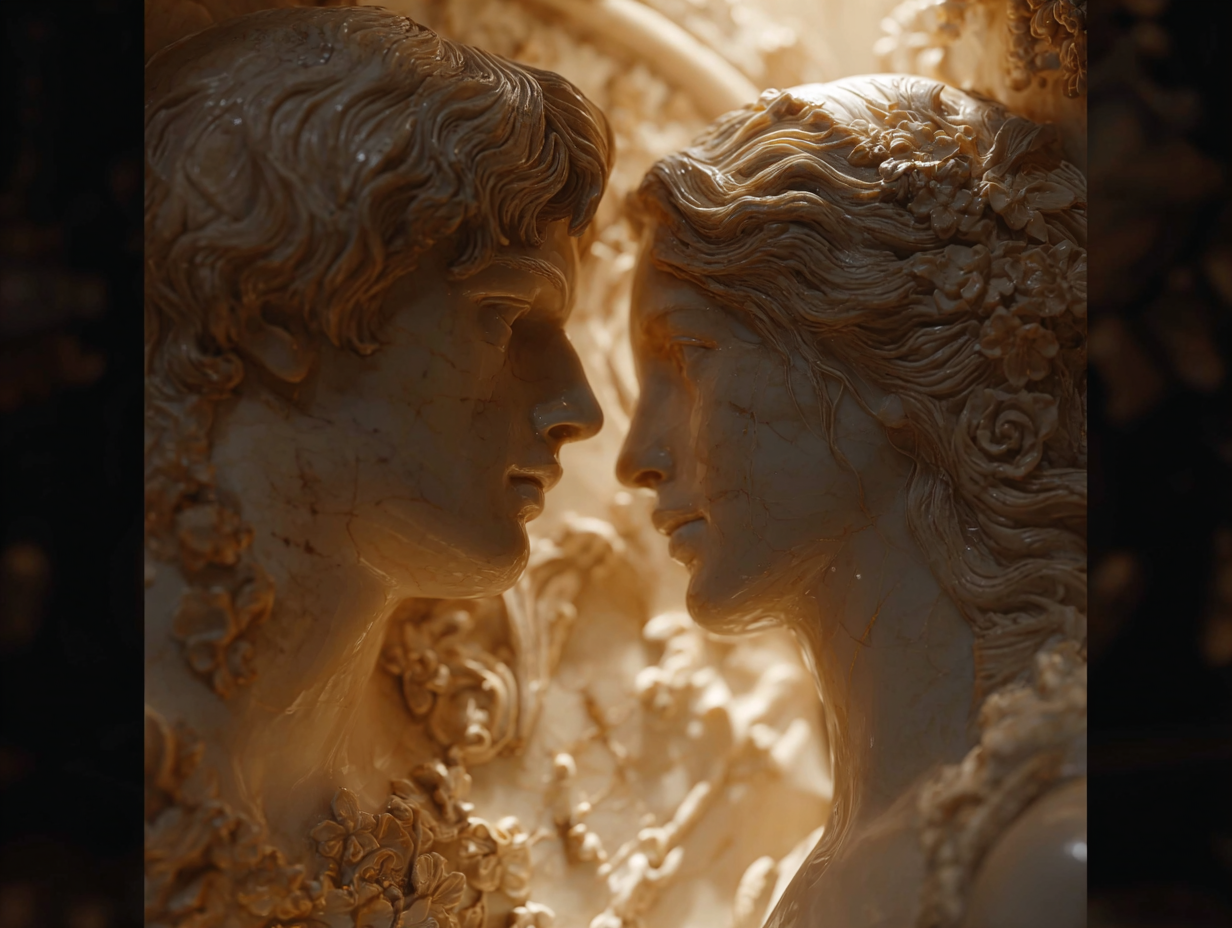 Close-up of a marble sculpture of a man and woman facing each other with their foreheads and noses touching, intricate details, warm lighting.