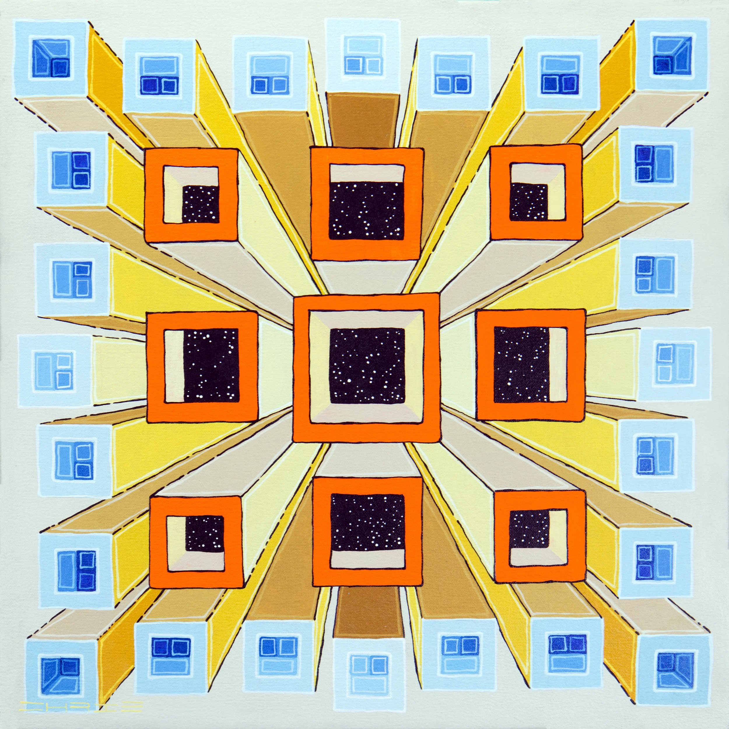 "Orange Portals to the Cosmos," 2026 Acrylic on canvas. 20x20. Available for purchase.