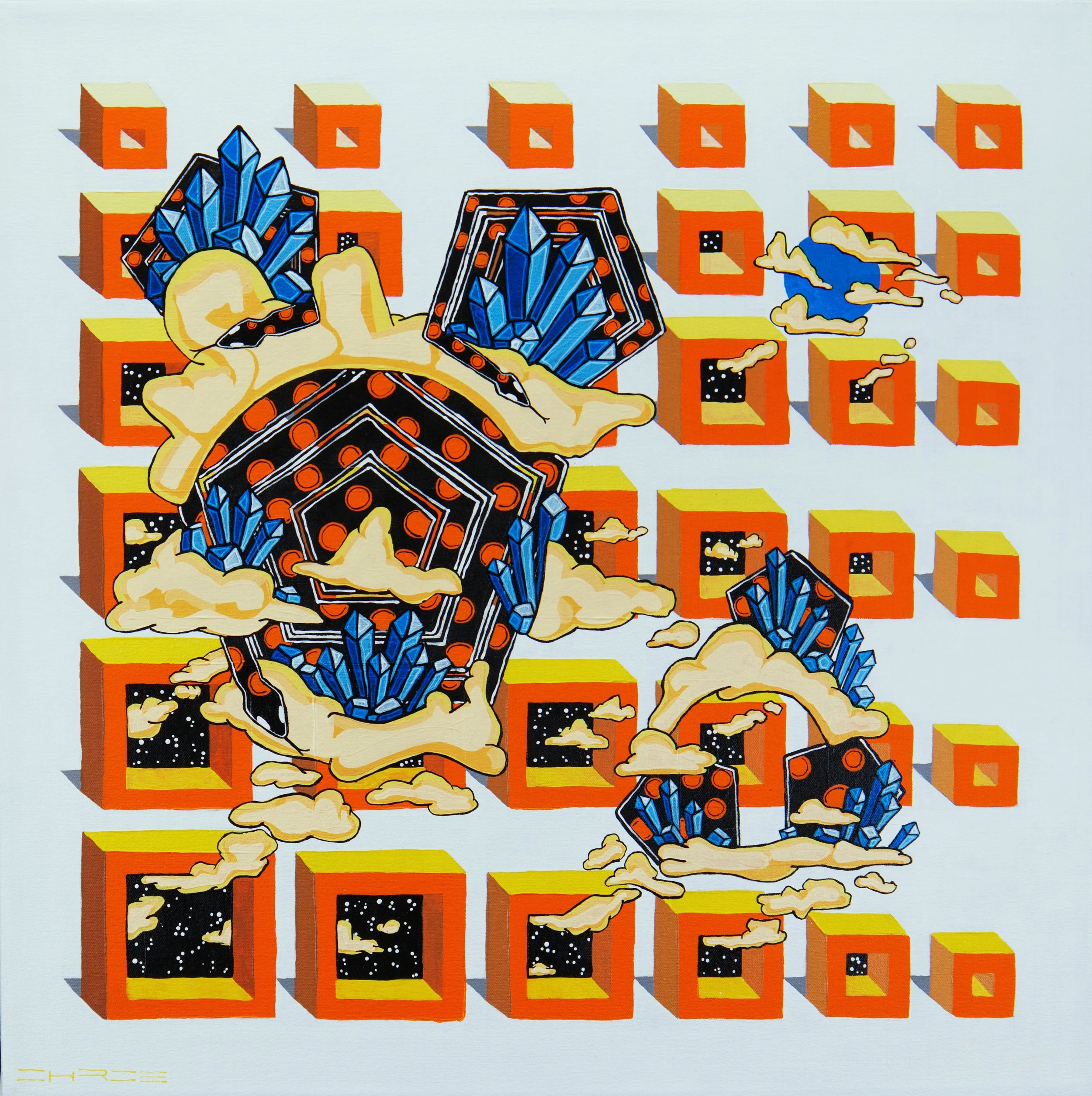 "Orange Hallways Portal Deity," 2025. Acrylic on canvas. 26x26. Available for purchase. 