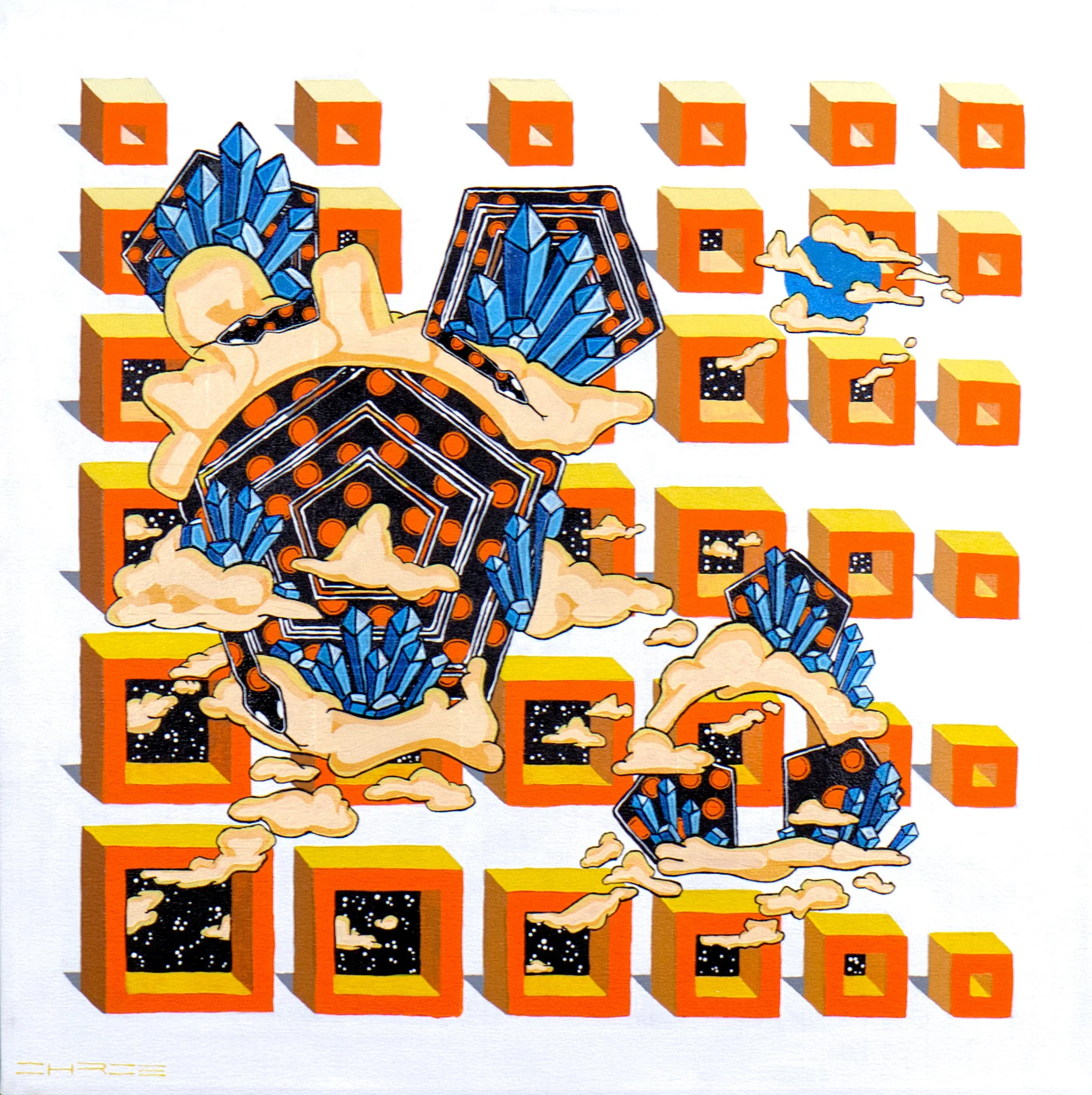 "Orange Portals Deity," 2025. Acrylic on canvas. 26x26. Available for purchase. 
