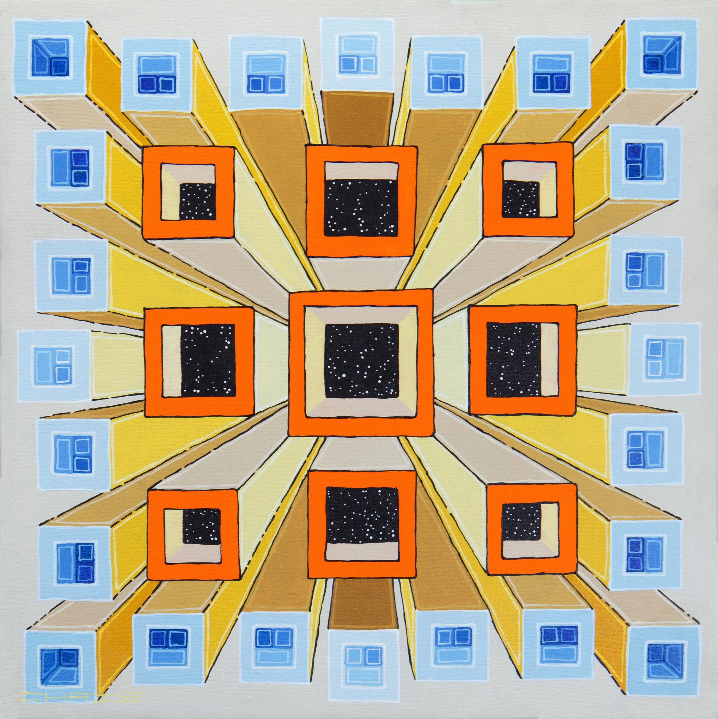 "Orange Portals to the Cosmos," 2026 Acrylic on canvas. 20x20. Available for purchase. 