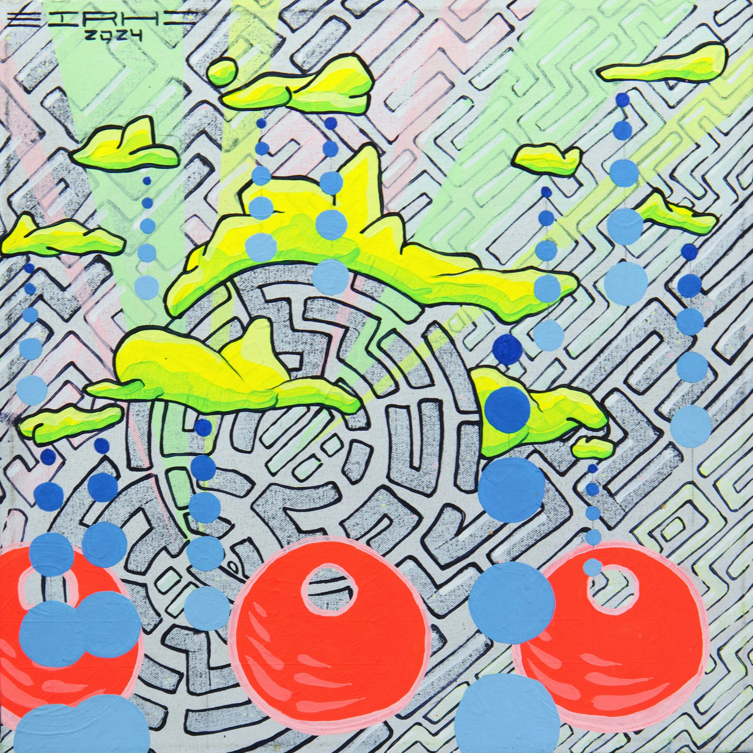 "Three Red Blobs & Yellow Clouds," 2024. Acrylic on canvas. 16x16. Available for purchase. 