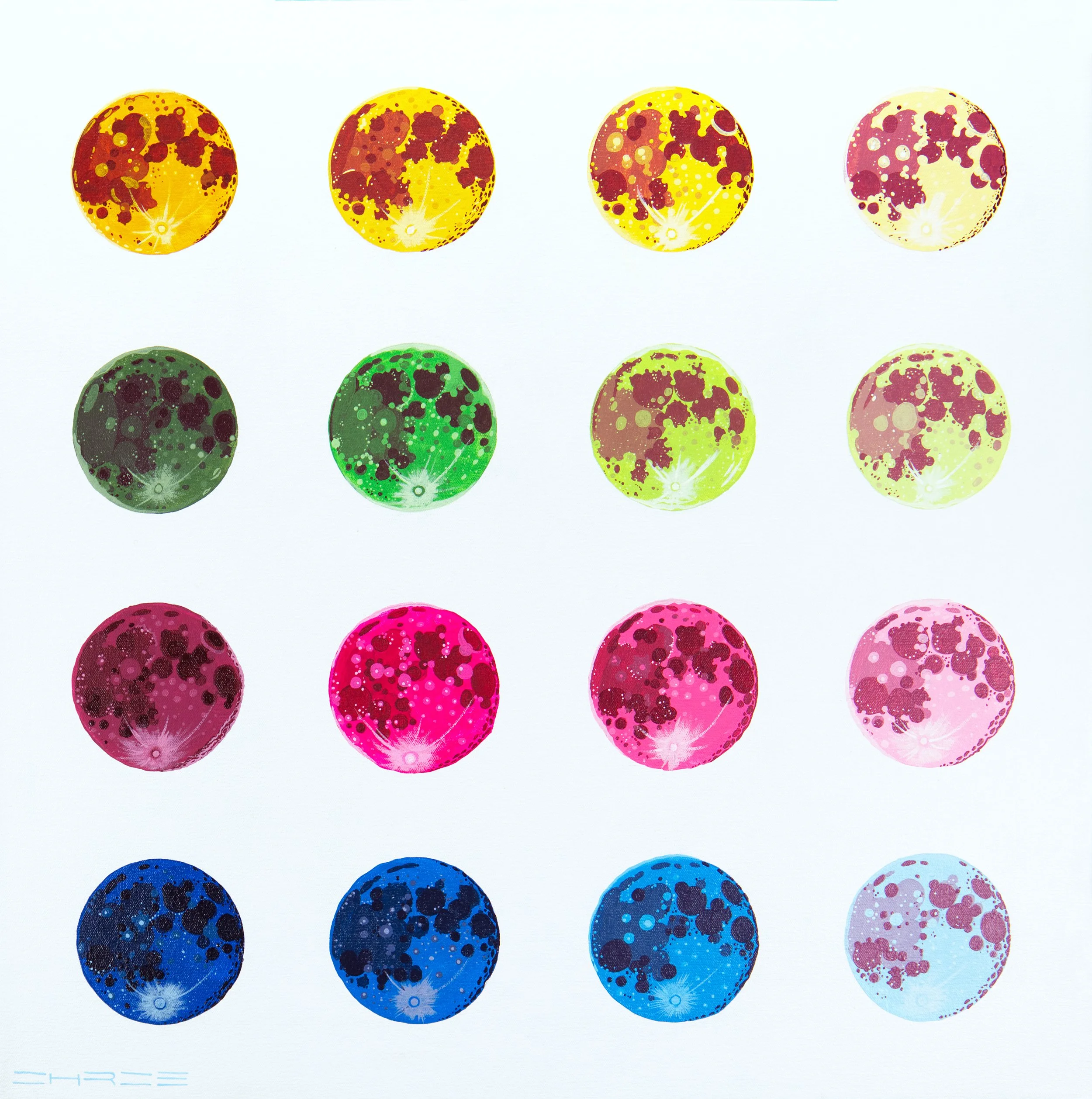 "Sixteen Moons," 2026. Acrylic on canvas. 26x26. Available for purchase.