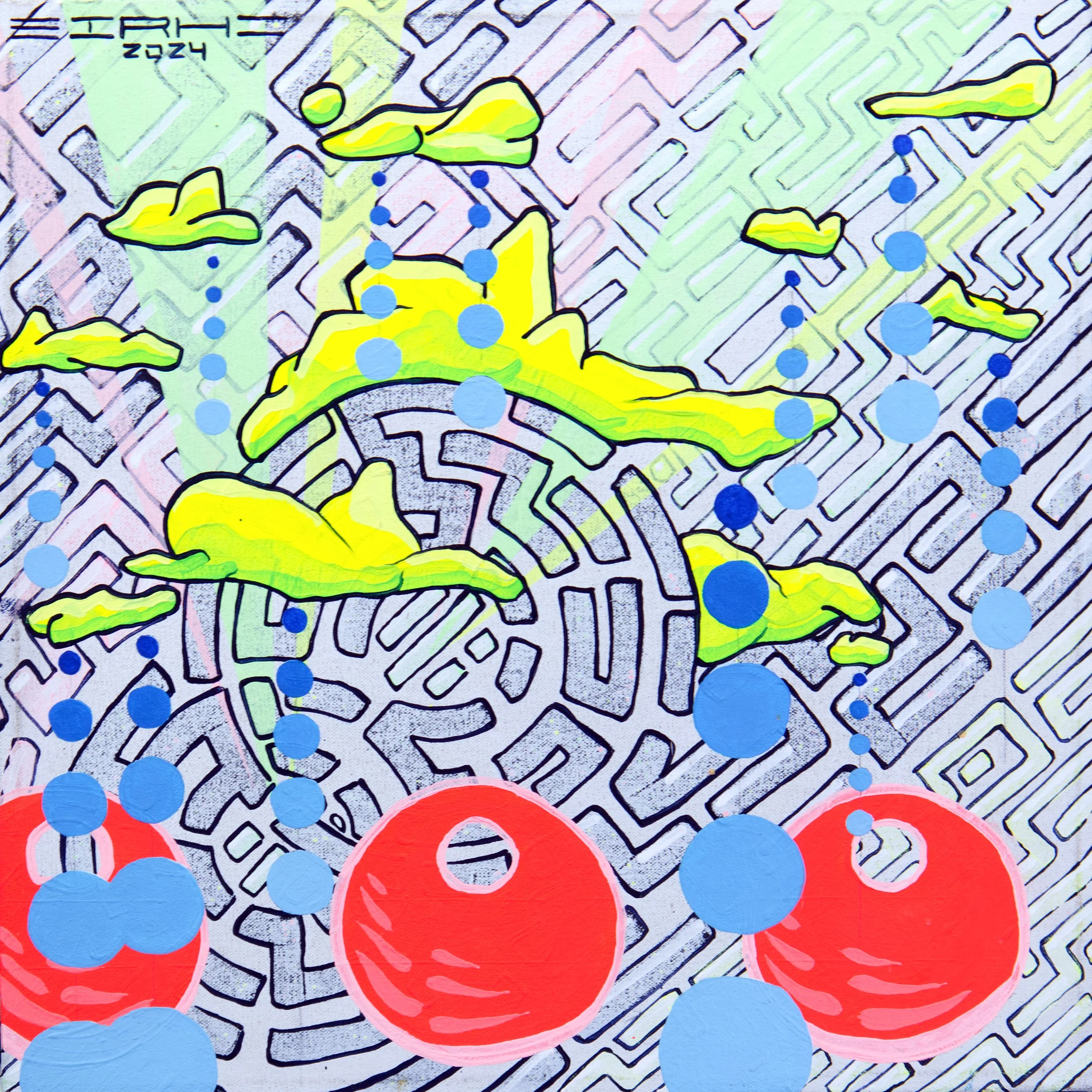 "Three Red Blobs & Yellow Clouds," 2024. Acrylic on canvas. 16x16. Available for purchase.