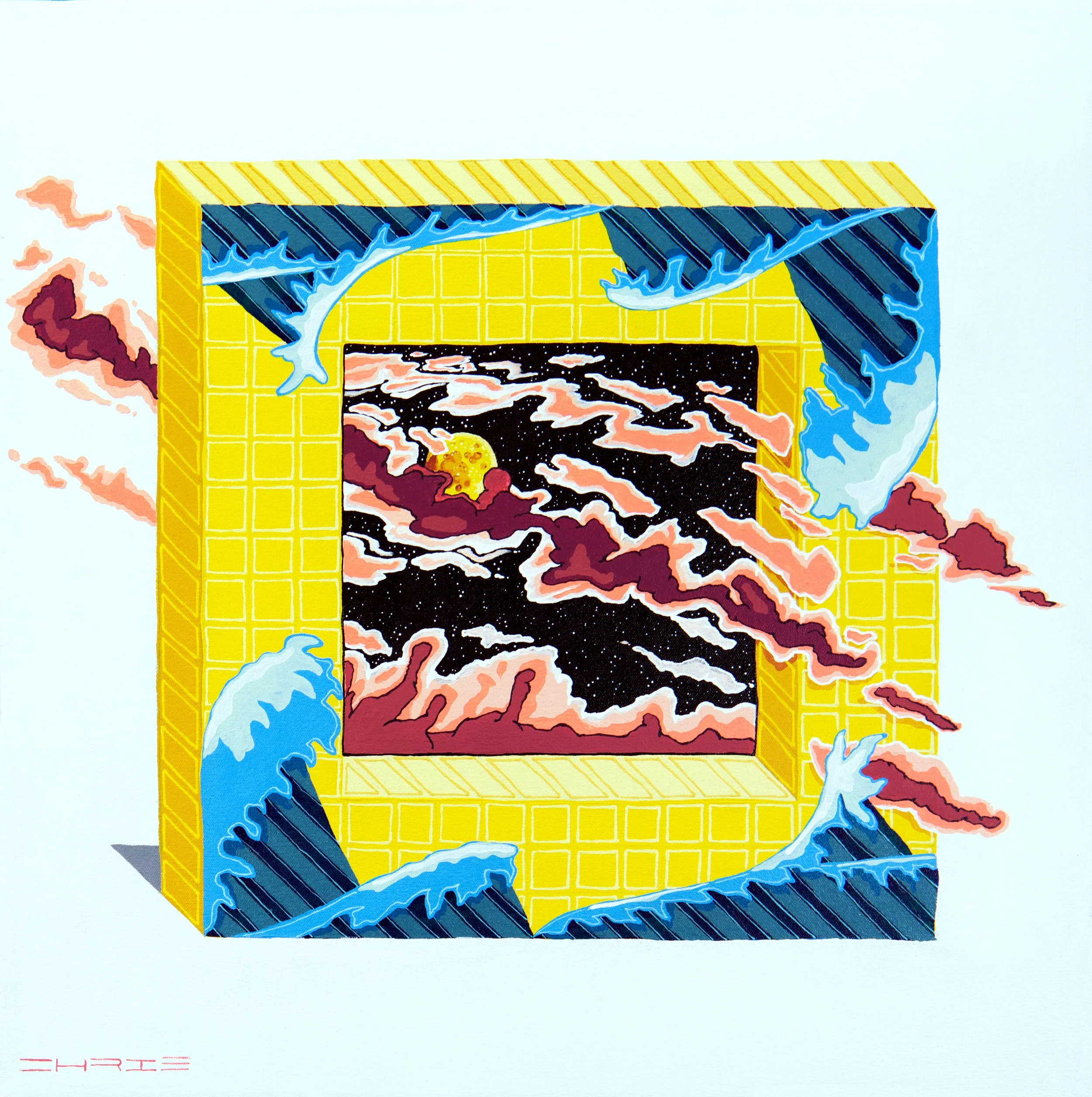 "Yellow Portal to the Tidal Moon," 2025. Acrylic on canvas. 24x24. Available for purchase.