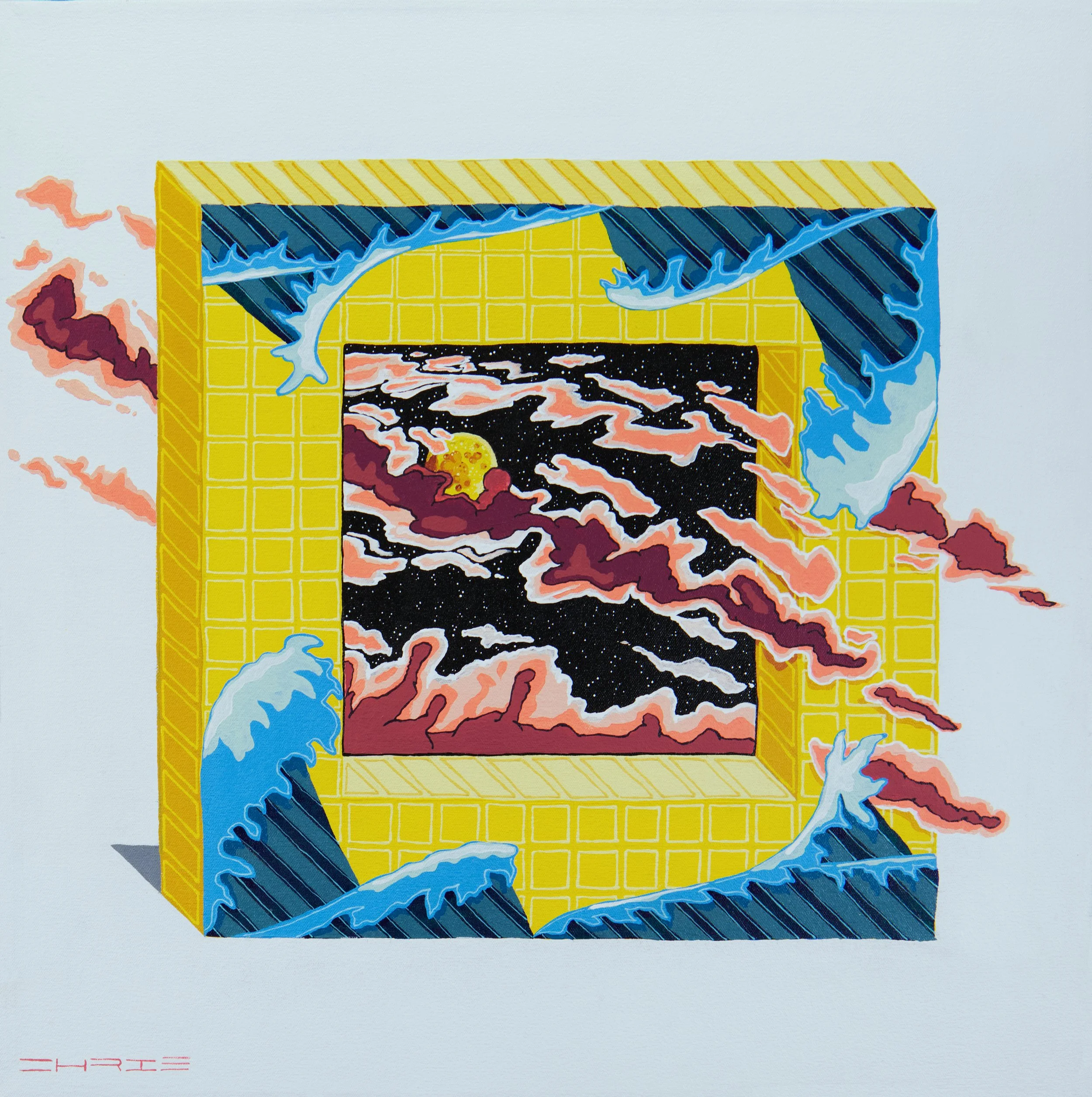 "Yellow Portal to the Tidal Moon," 2025. Acrylic on canvas. 24x24. Available for purchase.  