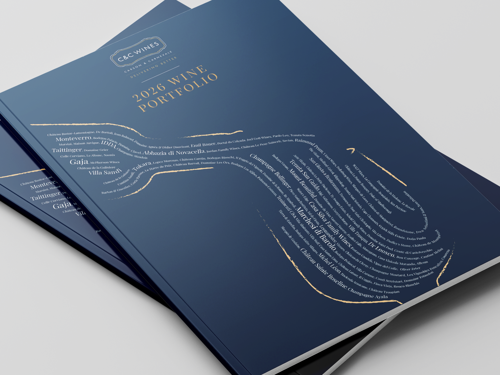 Cover of a 2026 wine portfolio booklet with dark blue background and gold text, titled '2026 Wine Portfolio' by C&C Wines.