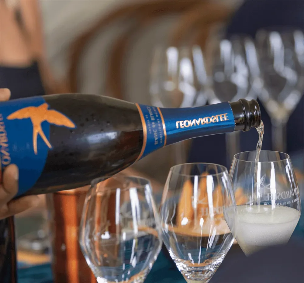 Person pouring a bottle of sparkling wine into a glass at a gathering or celebration.