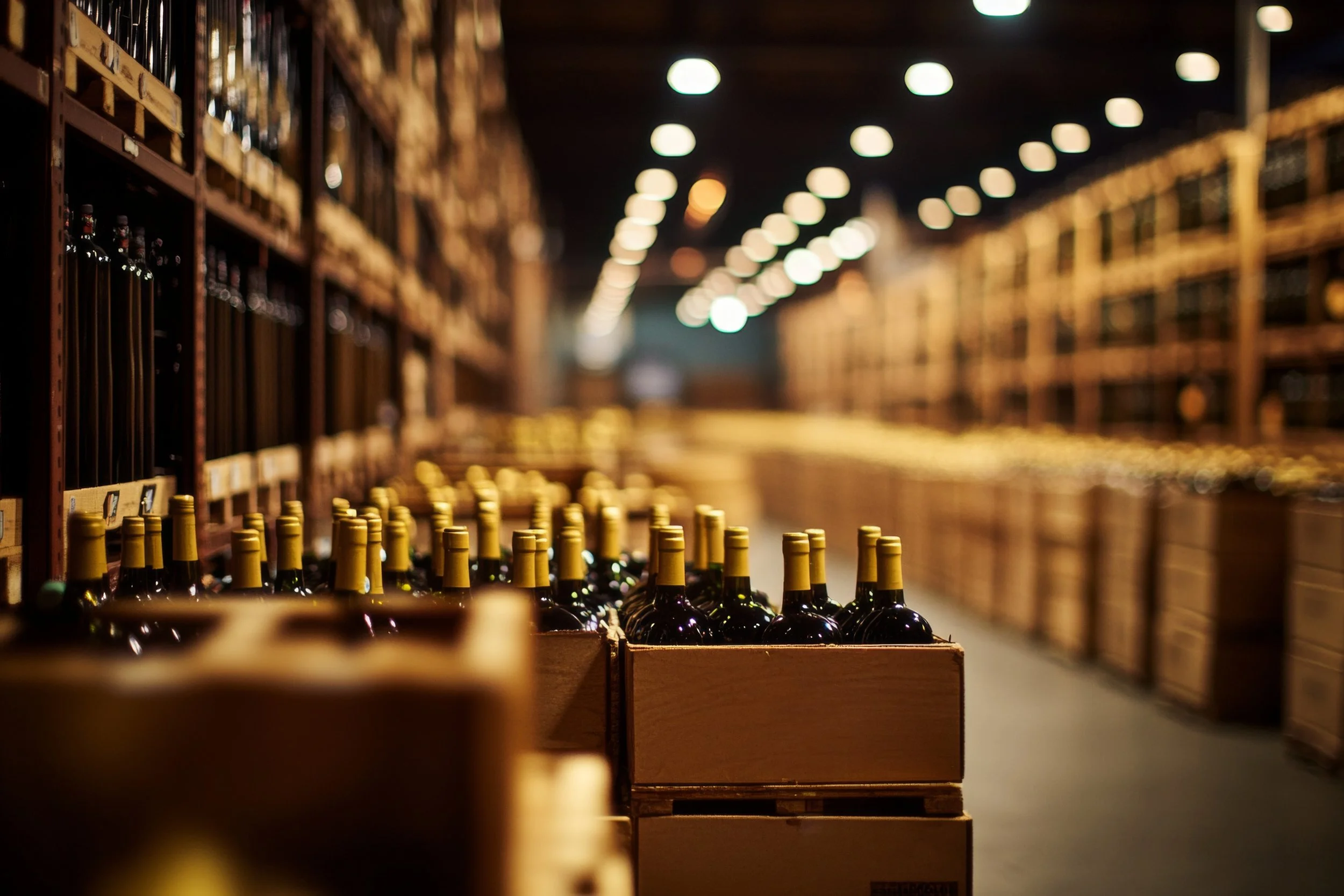 Rows of wine bottles stored on shelves in a dimly lit wine cellar.