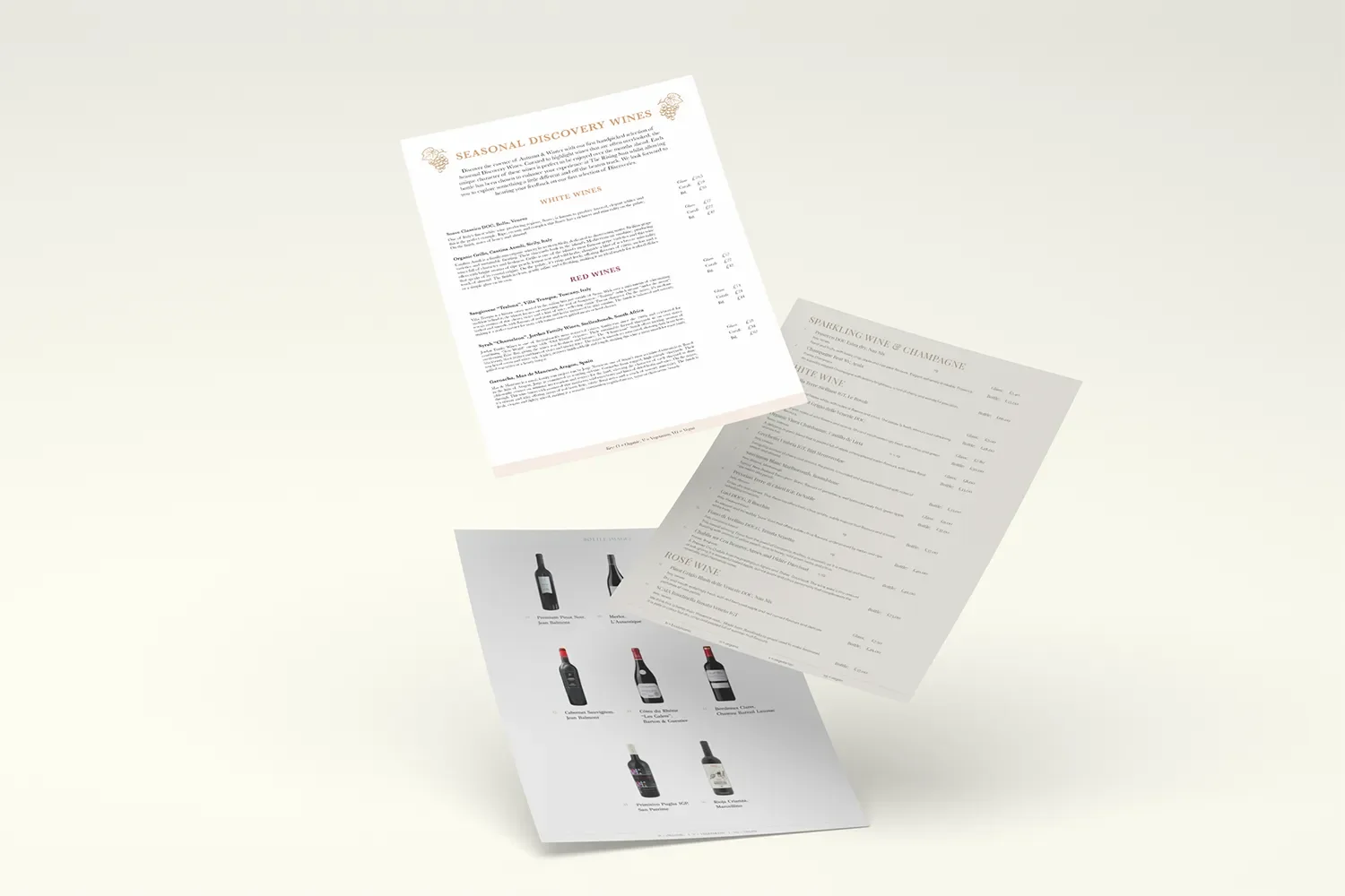 A wine menu featuring different categories of wines, including white, red, and sparkling wine, with images of wine bottles at the bottom.